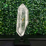Close-up of Lemurian Quartz Point - Lemurian Hematite Point with Stand with visible color and formation