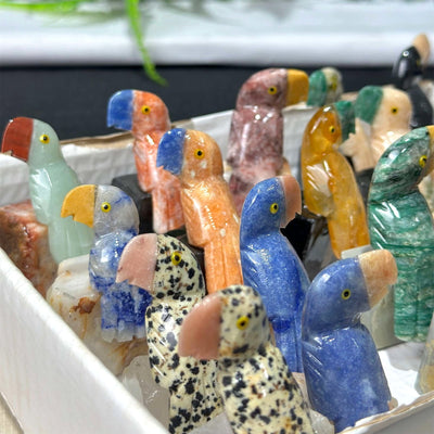 Quartz Carving - 20 Colorful Birds Carved with Mixed Stones Wholesale from Amezoni Crystals, front view