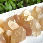Side view of Amphibole Quartz Tower - HQ Peach Amphibole Towers showing natural crystal details