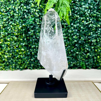 Polished Lemurian Quartz Point with Stand from Amezoni Crystals, front view