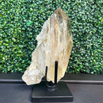 Side view of Semi Polished Elestial Citrine with Stand Display Piece showing natural crystal details