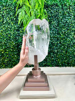 Side view of Diamantina Quartz Display Piece - Super High Quality Diamantina Elestial with Stand showing natural crystal details