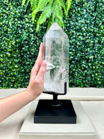 Side view of Diamantina Quartz Point - Semi Polished Diamantina Point with Stand showing natural crystal details