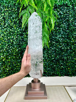 Side view of Lemurian Quartz Point with Stand showing natural crystal details