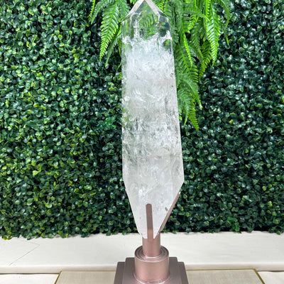 Polished High Quality Lemurian Quartz Point with Stand from Amezoni Crystals, front view
