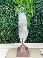 Polished High Quality Lemurian Quartz Point with Stand from Amezoni Crystals, front view