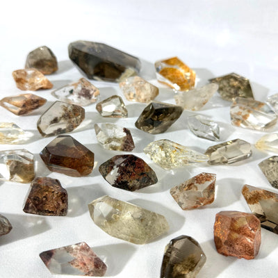 Side view of High Quality Inclusion Garden Quartz Free Form Lot showing natural crystal details