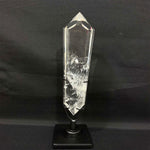Close-up of Lemurian Quartz Display Piece - High Quality Lemurian Flat Vogue with Stand with visible color and formation