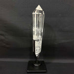 Side view of Lemurian Quartz Display Piece - High Quality Lemurian Flat Vogue with Stand showing natural crystal details