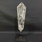 Close-up of Lemurian Quartz Display Piece - High Quality Lemurian Flat Vogue with Stand with visible color and formation