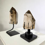 Side view of Lemurian Quartz Tower - High Quality Smoky Lemurian Towers with stand showing natural crystal details