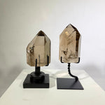 Close-up of Lemurian Quartz Tower - High Quality Smoky Lemurian Towers with stand with visible color and formation