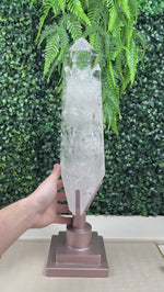 Polished High Quality Lemurian Quartz Point with Stand product video showing Shop Polished High Quality Lemurian Quartz Point with Stand from Amezoni in Brazil.