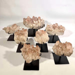 Side view of Raw Red Hematite Clusters With Stand Lot showing natural crystal details